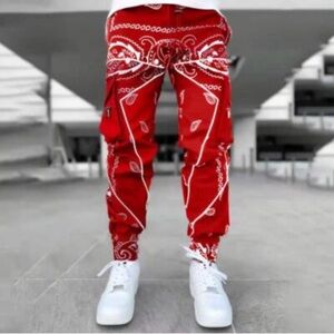 Red Bandana Print Cargo Pants for Men